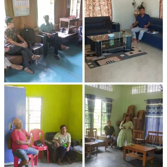 Collage of four photos of community members seated in a newly furnished centre