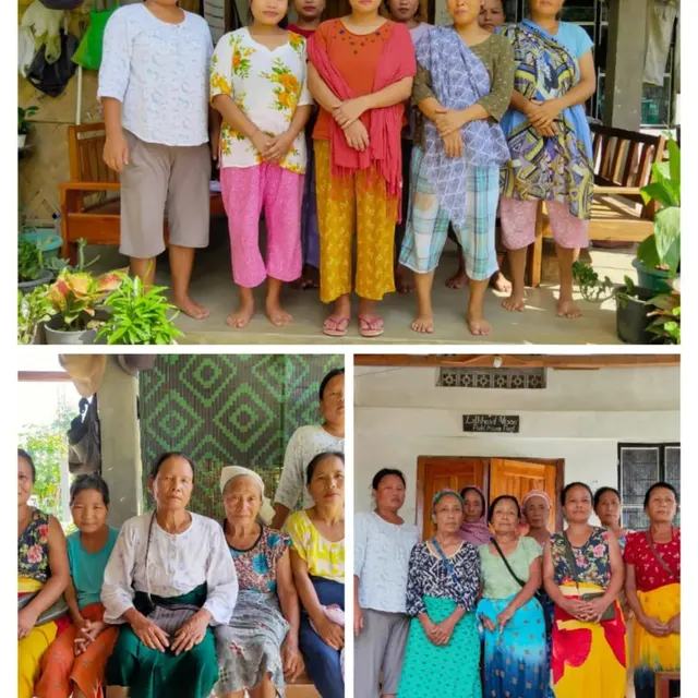 Collage of Self-Help Group women standing together outside village homes